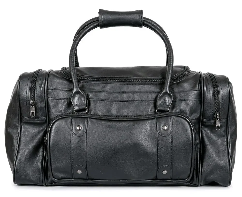 Vtg 90s Black Faux Leather Weekender Duffle Bag Carry On Travel Gym Overnight